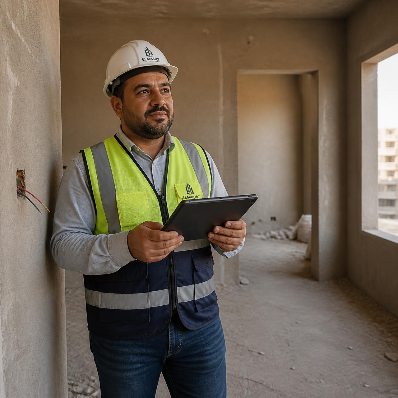 مهندس إشراف يوثّق مرحلة تنفيذ داخل وحدة سكنية